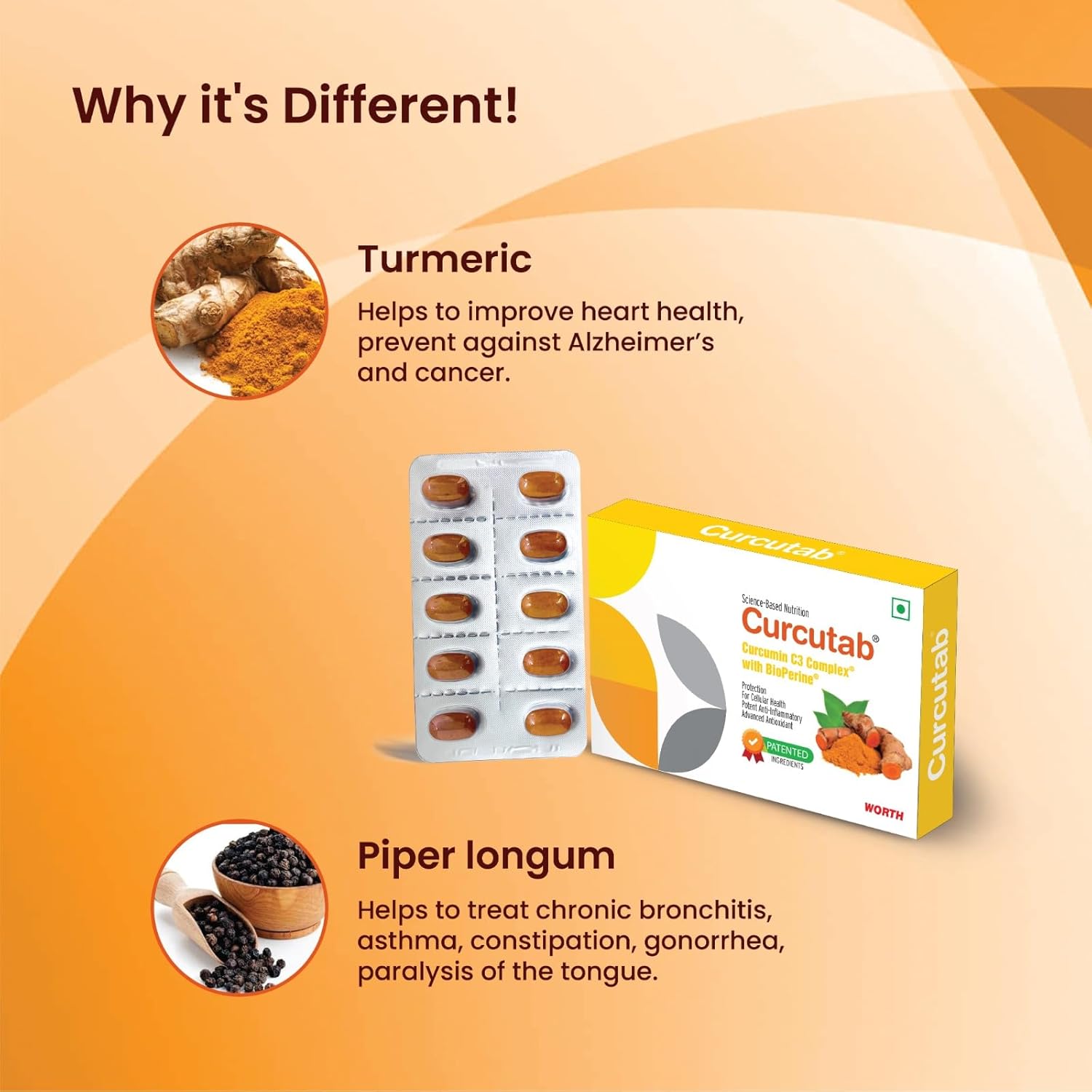 Curcutab Curcumin C3 Complex with BioPerine | Potent Antioxidant & Anti-Inflammatory Supplement for Adults | Patented Formula